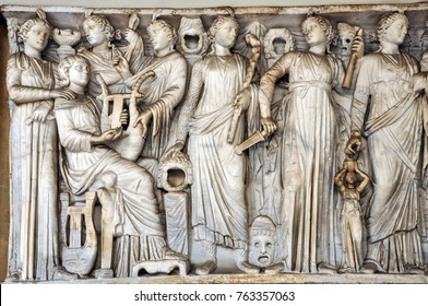 Bas-relief, Statue And Sculpture Details In Stone Of Roman Gods And Emperors