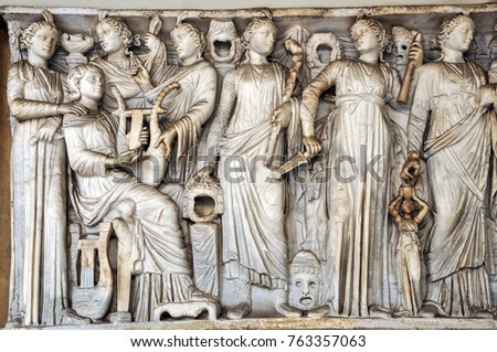 Bas-relief, statue and sculpture details in stone of Roman Gods and Emperors