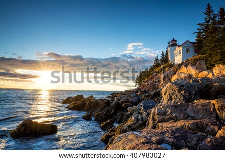 Bass Harbor Lighthouse at sunset Acadia National Park, Maine USA