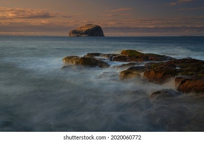 Bass Rock And The Coastline Of Seacliff Beach, East Lothian, Scotland.