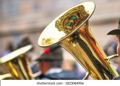 Bass tuba in an alpine fanfare during a military ceremony parade - Shutterstock ID 1823084906