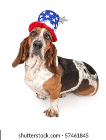 Basset Hound Dog Wearing A 4th Of July Hat. Isolated On White