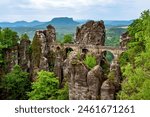 Bastei Bridge and Mesa Lilienstein, Saxon Switzerland, Saxony, Germany, Europe.
Mesa Lilienstein in the background. 