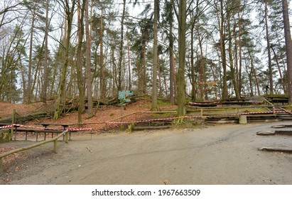 Bastei, Germany 04-08-2021 Closed Hiking Area During Corona Crisis And Lockdown Near The Tourist Hotspot 