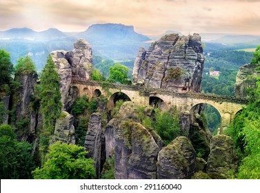 Bastion Bridge in the Saxon Switzerland area in Germany, leading to a former medieval castle. Dresden, Saxonia, Germany.