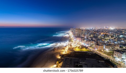 Bat Yam night aerial panorama. Mediterranean sea, Israel, Tel Aviv suburb