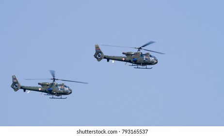 Batajnica Air Base, Belgrade 20 October 2017. Serbian Army Attack Helicopter Soko Aerospatiale SA 342 Gazelle In Flight During A Military Parade. Gazelle Was Used Durin Yugoslav And Kosovo War.