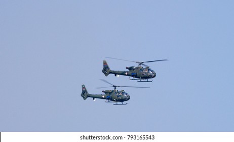 Batajnica Air Base, Belgrade 20 October 2017. Serbian Army Attack Helicopter Soko Aerospatiale SA 342 Gazelle In Flight During A Military Parade. Gazelle Was Used Durin Yugoslav And Kosovo War.