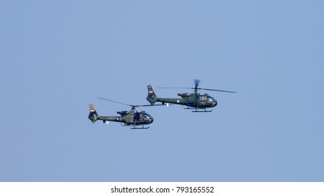 Batajnica Air Base, Belgrade 20 October 2017. Serbian Army Attack Helicopter Soko Aerospatiale SA 342 Gazelle In Flight During A Military Parade. Gazelle Was Used Durin Yugoslav And Kosovo War.