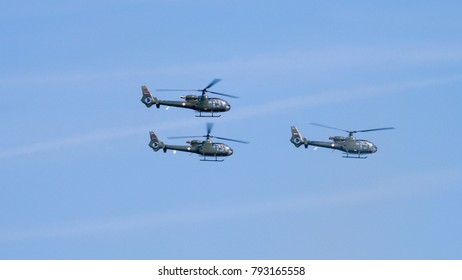 Batajnica Air Base, Belgrade 20 October 2017. Serbian Army Attack Helicopter Soko Aerospatiale SA 342 Gazelle In Flight During A Military Parade. Gazelle Was Used Durin Yugoslav And Kosovo War.