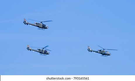 Batajnica Air Base, Belgrade 20 October 2017. Aerospatiale SA342 Gazelle Of Serbian Air Force In Flight During A Military Parade. Gazelle Was Used Durin Yugoslav And Kosovo 1999 War.