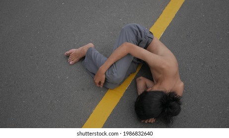 BATAM, INDONESIA - April 1, 2020 : Naked Man On The Street