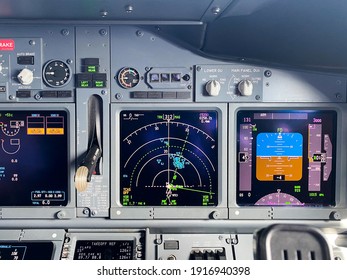 Batam, Indonesia. February 14, 2021. Instrument panel view of Boeing 737 NG, First Officer Side. Flight from Batam to Surabaya, Indonesia