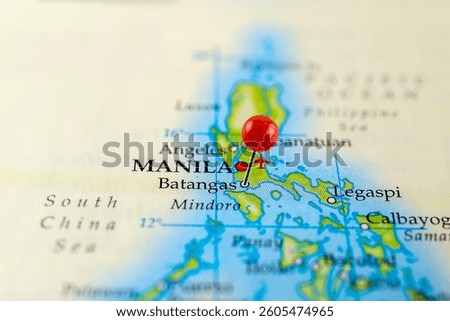 Batangas map, Philippines. Close up of Batangas map with red pin.