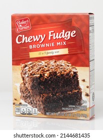 Batavia, IL US - April 06, 2022: Cardboard Box Front Panel Of Chewy Fudge Brownie Mix From Bakers Corner Brand Baking Dessert Mix From Aldi US Stores For Pantry Baking Supplies Ingredients