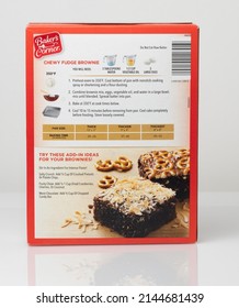 Batavia, IL US - April 06, 2022: Rear Of Cardboard Box Back Panel Of Chewy Fudge Brownie Mix From Bakers Corner Brand Baking Dessert Mix From Aldi US Stores For Pantry Baking Supplies Ingredients