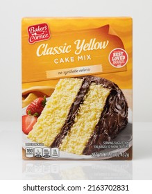 Batavia, IL US - April 06, 2022: Straight On Cardboard Box Front Panel Of Yellow Cake Mix From Bakers Corner Brand Baking Dessert Mix From Aldi US Stores For Pantry Baking Supplies Ingredients