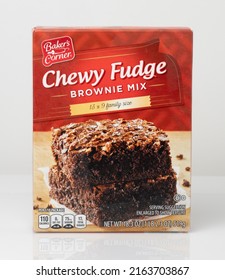 Batavia, IL US - April 06, 2022: Cardboard Box Front Panel Of Chewy Fudge Brownie Mix From Bakers Corner Brand Baking Dessert Mix From Aldi US Stores For Pantry Baking Supplies Ingredients