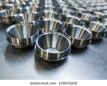 Batch Of Shiny Metal Cnc Aerospace Parts Production - Close-up With Selective Focus For Industrial Background