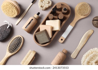 Bath accessories. Flat lay composition with personal care products on light grey background