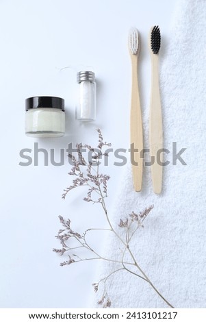 Bath accessories. Flat lay composition with personal care products on white background