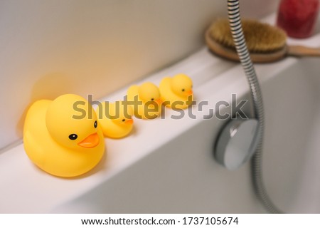 Bath accessories and four rubber yellow duck are standing on the white bathroom