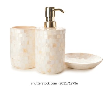 Bath accessories on white background