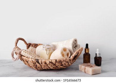 Bath Accessories Set In Wicker Basket. Sustainable Personal Hygiene Items, Wellness Gift