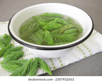 Bath additive with young spruce tips