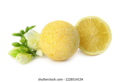 Bath Bomb, Flowers And Lemon On White Background