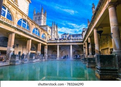 Bath, England - December 10 2017: Steaming Roman Baths In Winter