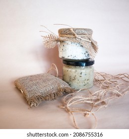 Bath Salt And Body Scrub In Jute String Jars. Natural Jute Scrubber