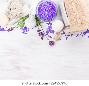  Bath Set With Lavender On White Wooden Table, Spa Background With Space For Text, Top View