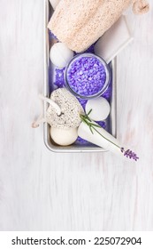 Bath Set With Lavender ,pumice, Lotion ,salt, Bubble Balls In Gray Metal Box On White Wooden Table, Spa Background