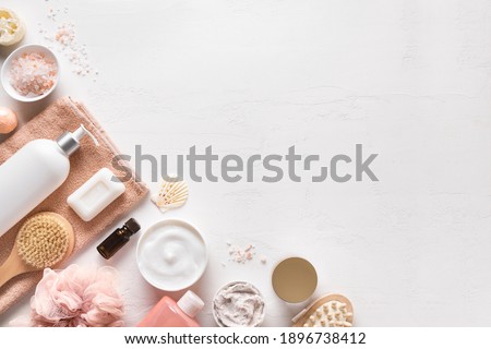 Bath and Skin Care Accessories on white background, top view, copy space. Daily natural organic bodycare concept, organic bath products. Stockfoto © 