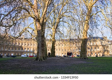 Bath, Somerset, England - December 23, 2018: Afternoon view of The Circus, a historic street of large townhouses, forming a circle with three entrances with a tree-lined garden in the middle