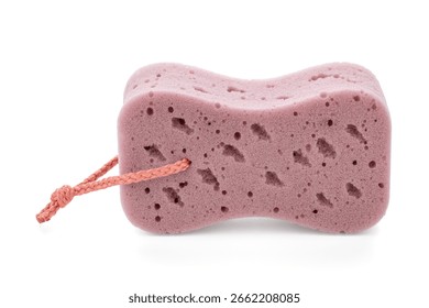 Bath sponge on white background. Shower sponge, washcloth, single object isolated on white background. Soft synthetic shower sponge. Hygiene.