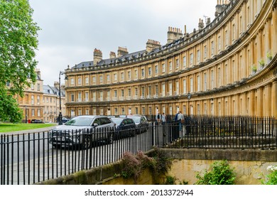 BATH, UK - JUNE 27, 2021:  Designed by architect John Wood ,The Circus is a historic ring of large townhouses in the city of Bath, Somerset, England, forming a circle with three entrances