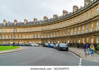 BATH, UK - JUNE 27, 2021: Designed by architect John Wood ,The Circus is a historic ring of large townhouses in the city of Bath, Somerset, England, forming a circle with three entrances