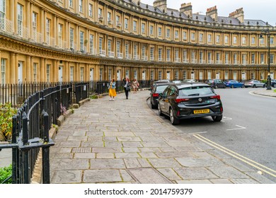BATH, UK - JUNE 27, 2021: Designed by architect John Wood ,The Circus is a historic ring of large townhouses in the city of Bath, Somerset, England, forming a circle with three entrances