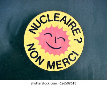 Bath, UK - March 6, 2017: View of a vintage anti nuclear car sticker in French which translates into English as 'Nuclear? No Thanks'.