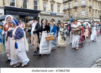 BATH, UK - SEPTEMBER 10, 2016: Jane Austen fans dressed in 18th Century costume are pictured taking part in the world famous Grand Regency Costumed Promenade. 