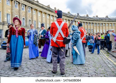 BATH, UK - SEPTEMBER 15, 2018: Jane Austen fans dressed in 18th Century costume are pictured taking part in the world famous Grand Regency Costumed Promenade. 