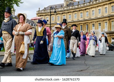 BATH, UK - SEPTEMBER 15, 2018: Jane Austen fans dressed in 18th Century costume are pictured taking part in the world famous Grand Regency Costumed Promenade. 