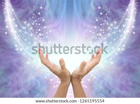  Bathing in Beautiful Healing Resonance  - female cupped hands reaching up into an arc of shimmering sparkles on a glowing purple blue ethereal energy formation background with copy space
            