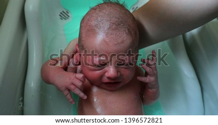 Similar – Newborn in the bathtub with her mother washing her hair