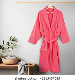 Bathrobe mockup  Empty plush dressing gown with belt mock up, isolated bathroom fashion