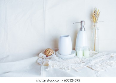 Bathroom Accessories On Table White Background.