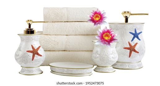 Bathroom body care soap towels white objects, white background in towels, hand wash shampoo flower - Shutterstock ID 1952473075