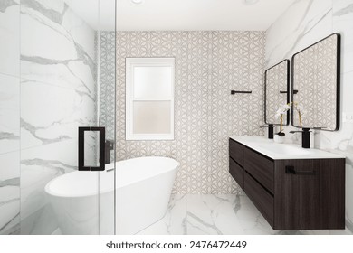 A bathroom with a brown and white pattern tiled accent wall, marble flooring and walls, floating wood cabinet, and freestanding soaking tub. No brands or labels. - Powered by Shutterstock